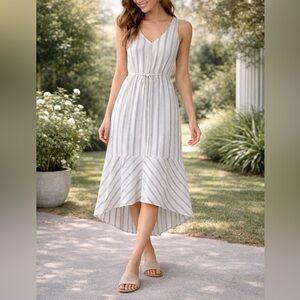 Drew Anthropologie Blue White Striped Linen Blend Hi Low Midi Dress Small